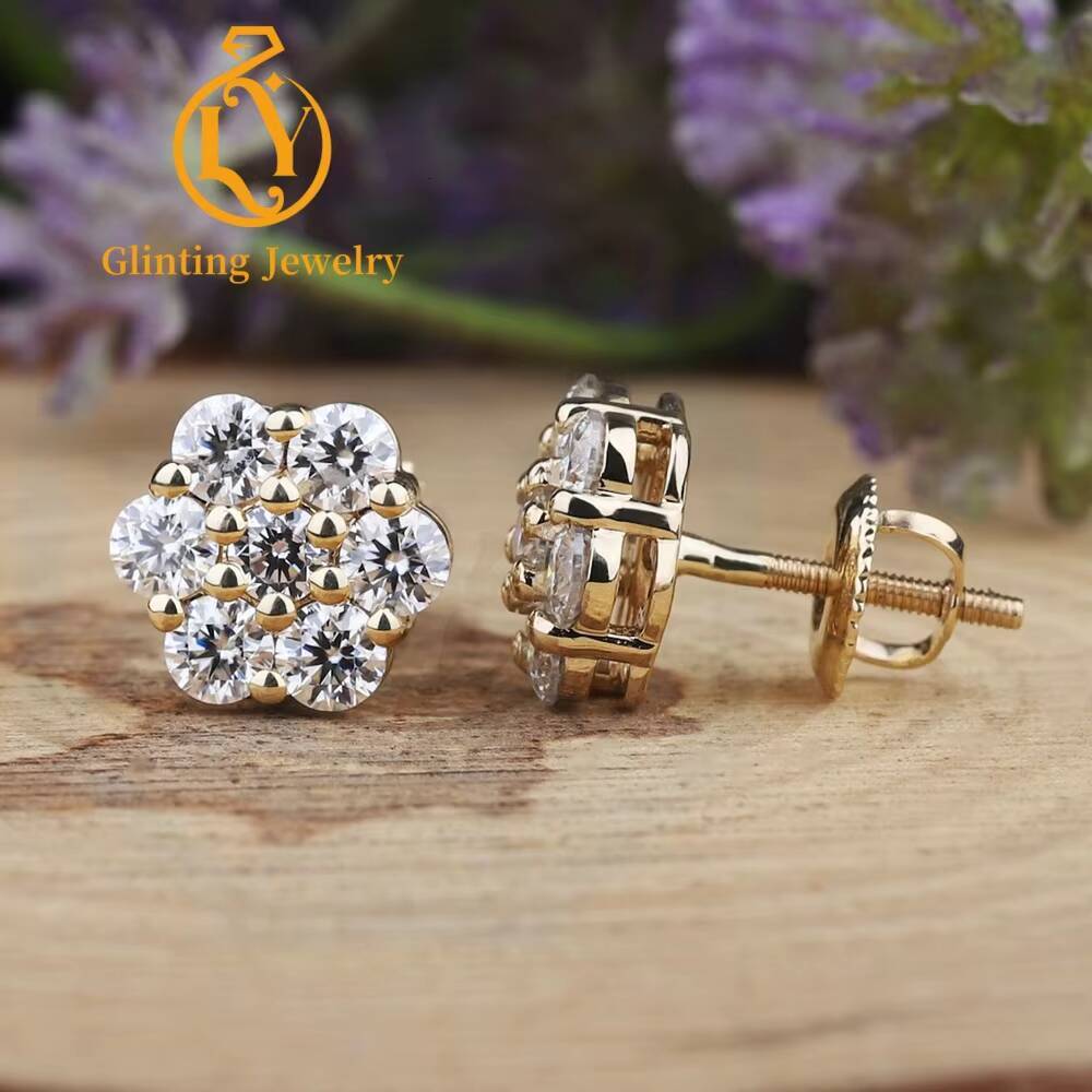 Iced Out Cluster Lab Grown Diamond Stud Earrings Round Brilliant Cut IGI Certified Unisex 10k 14k 18k Gold Screw Back - view 3