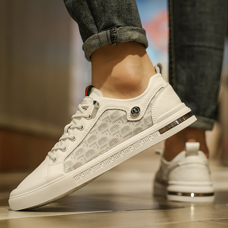 RNTseller New Men White Casual Skate Sneakers Mesh Breathable Board Shoes Spring Summer Trendy Teen Boys Lace-up Flat White Shoes