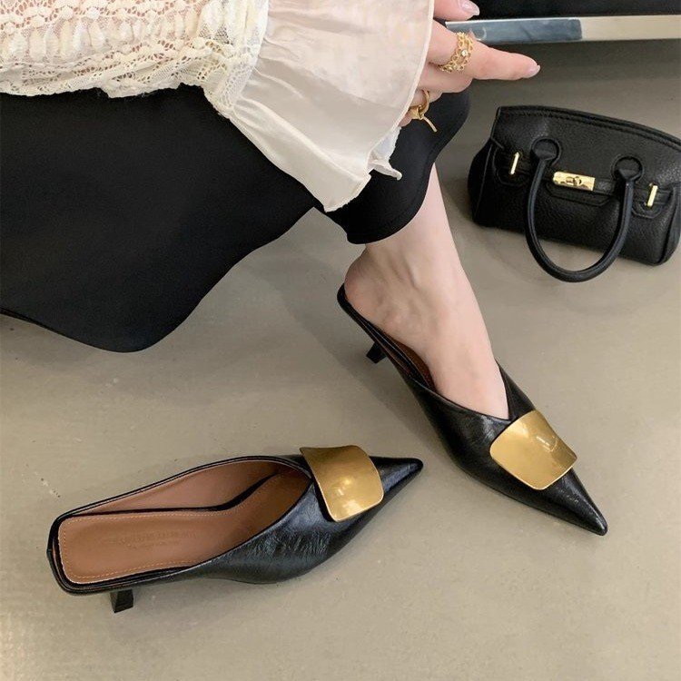2026 Niche Designer Metal Buckle Mules Heels: Stylish Square Toe Slide Sandals for Women - view 3