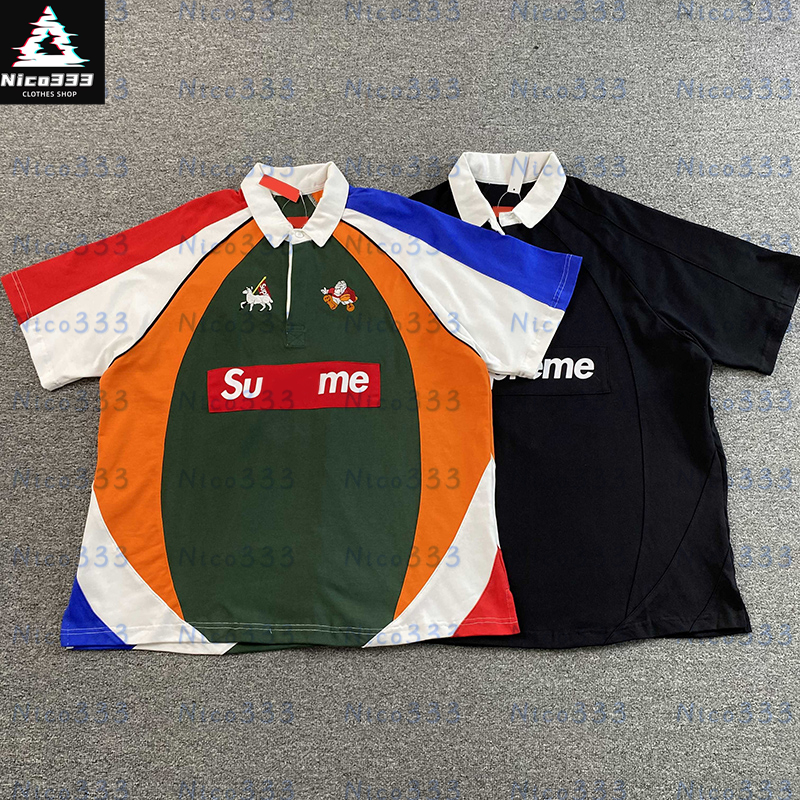 SUP Embroidery splicing color collision patch cartoon letters lapel heavyweight cotton versatile street men and women casual short sleeved polo shirt