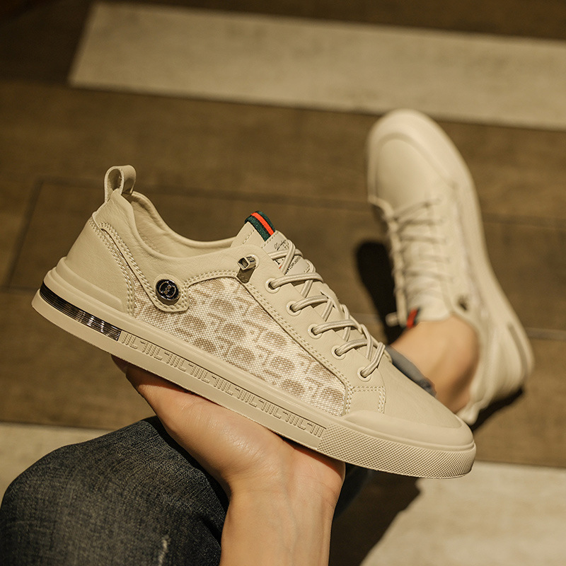 RNTseller New Men White Casual Skate Sneakers Mesh Breathable Board Shoes Spring Summer Trendy Teen Boys Lace-up Flat White Shoes