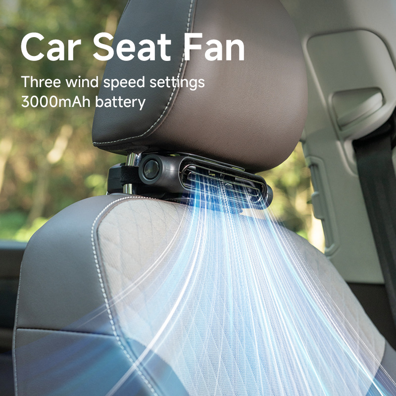 Car Headrest Seat Fan 3 Speed USB Plug In 3000mAh Built In Battery Ventilation Fan
