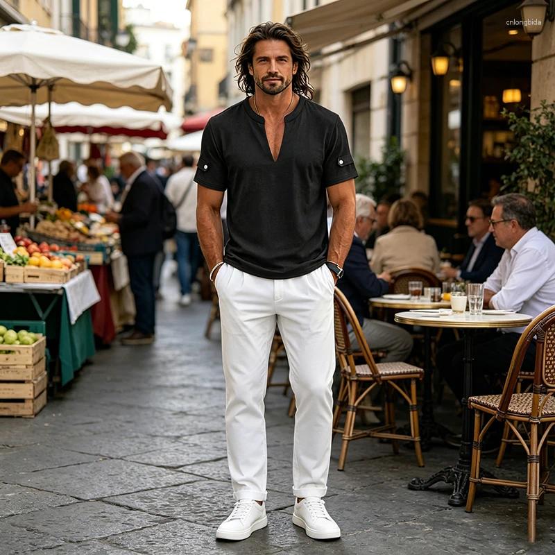 Men' s Casual Shirts Summer Men Cotton Linen Polo Shirt - view 4