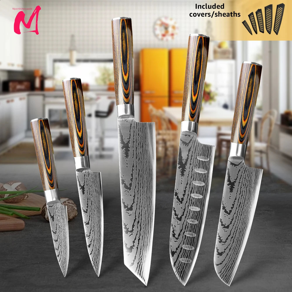 Kitchen Knife Chef Knives Japanese 7CR17 440C High Carbon Stainless Steel Damascus Sanding Laser Knife 260626