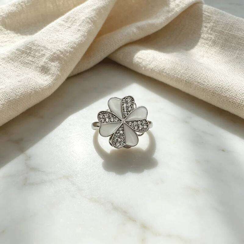 Luxury Gold-Tone Enamel Flower Spinning Adjustable Ring Women Elegant Bridal Stackable Fine Jewelry Gift For Her - view 4