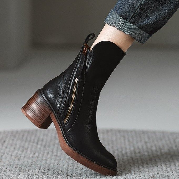 Side Zipper Tassel Ankle Boots For Women Soft Leather Block Stacked Heel Round Toe Short Chelsea Booties - view 4