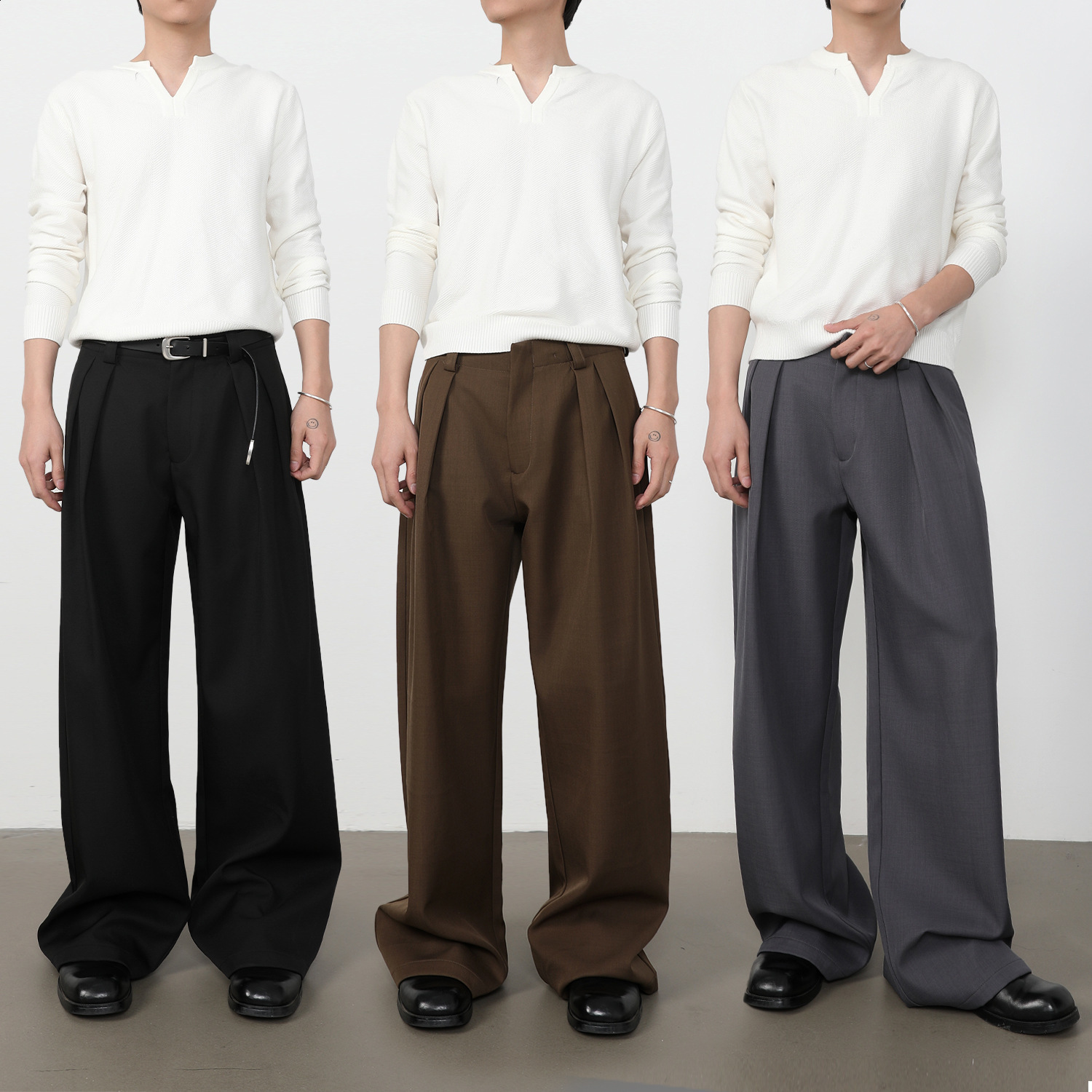 Spring Autumn Long Loose Casual Baggy Flowy Soft Black Pleated Wide Leg Pants Men Clothing 250220