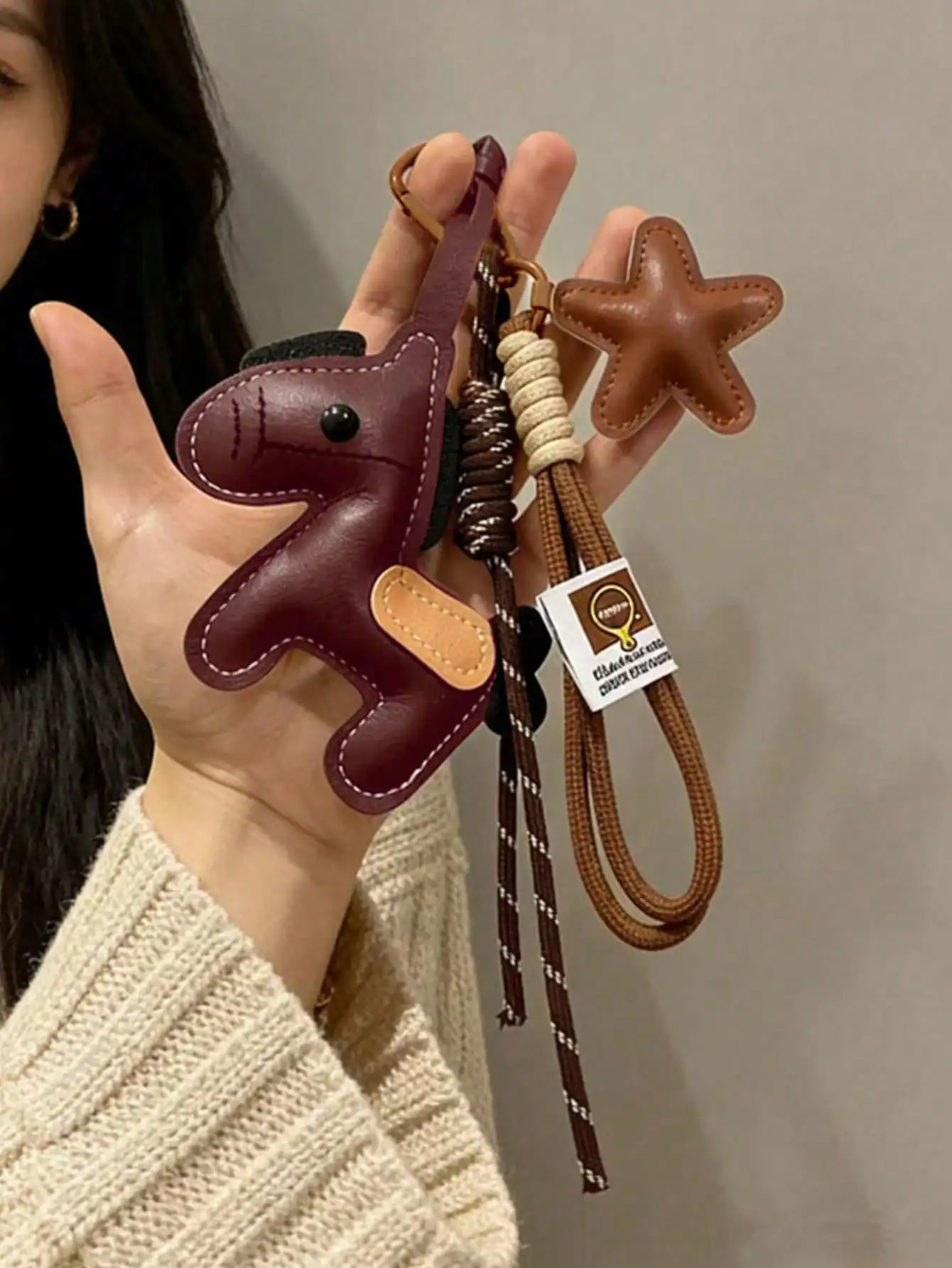 Classic Stitched Leather Little Horse Bag Accessory Fivepointed Star Decor Woven Cord Key Holder Preppy Style Purse Charms 260630 - view 4