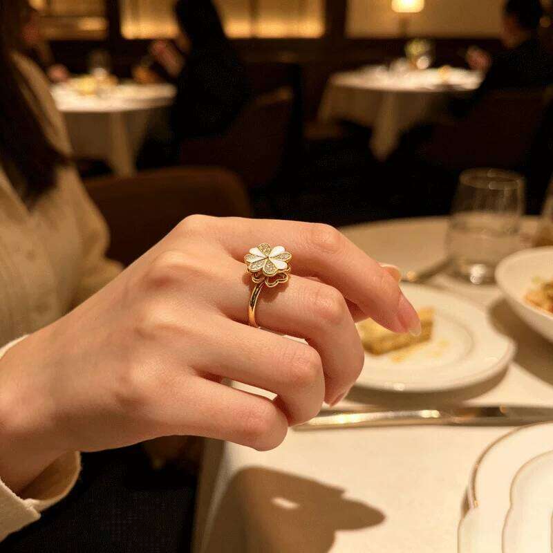 Luxury Gold-Tone Enamel Flower Spinning Adjustable Ring Women Elegant Bridal Stackable Fine Jewelry Gift For Her - view 3