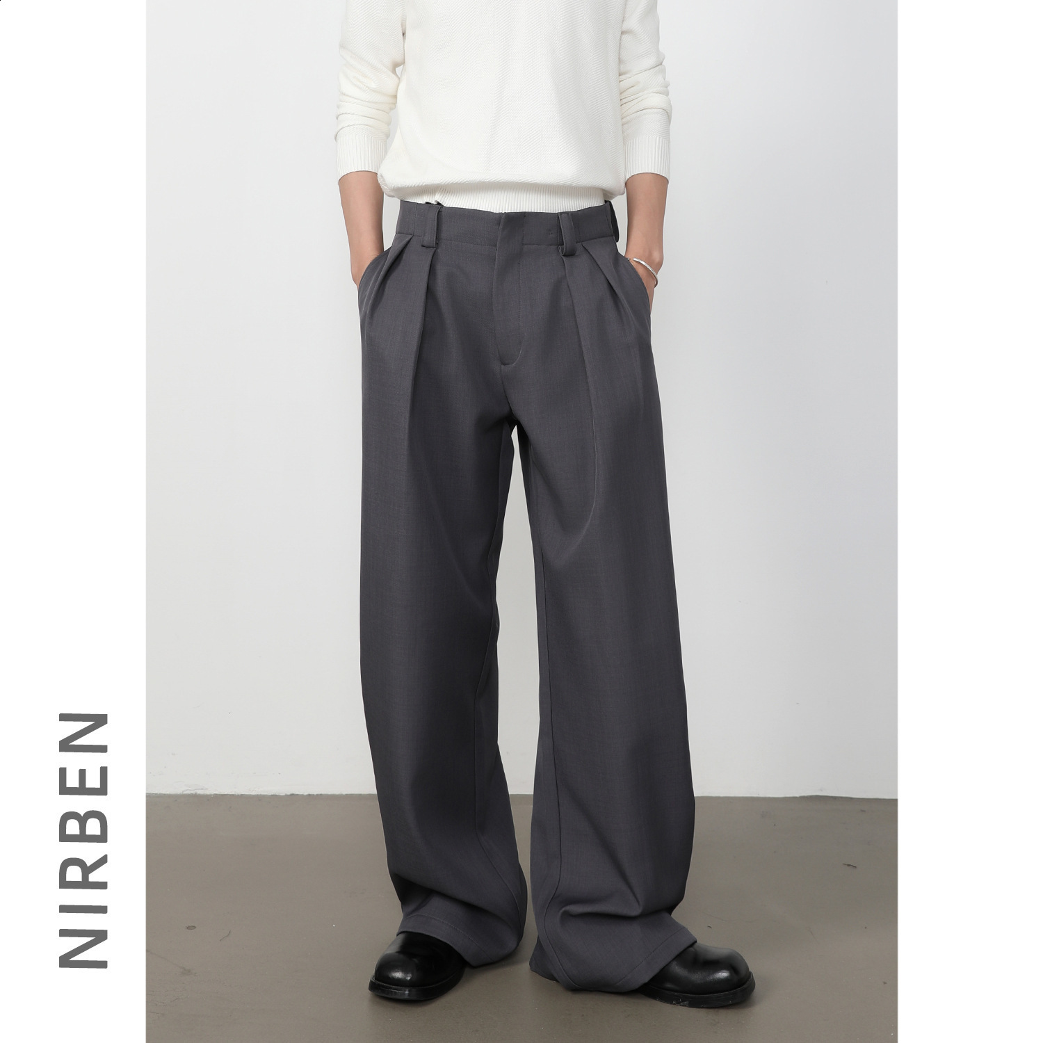 Spring Autumn Long Loose Casual Baggy Flowy Soft Black Pleated Wide Leg Pants Men Clothing 250220