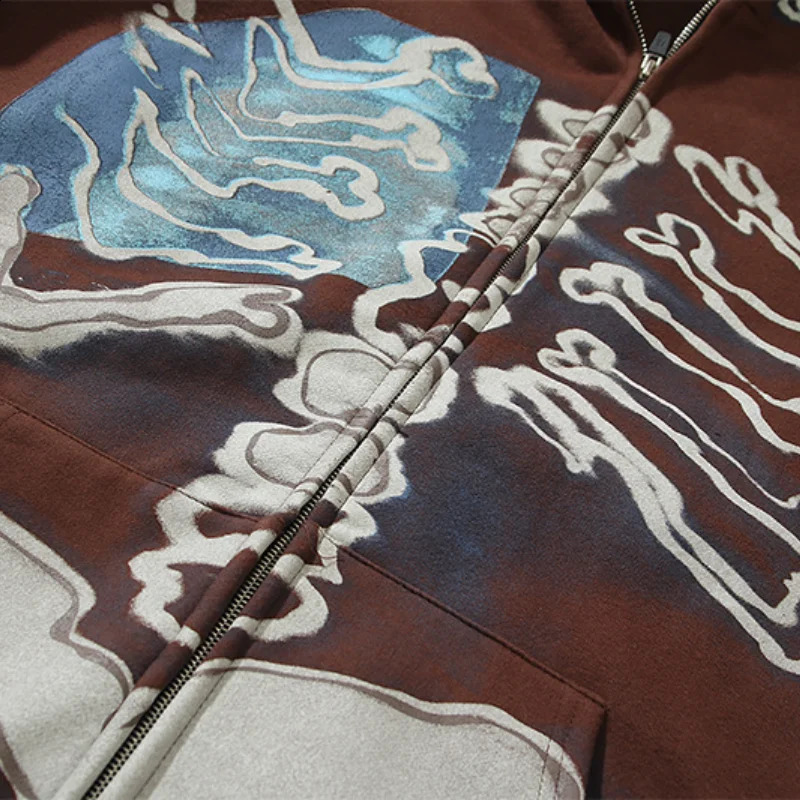 Winter Skeleton Print Fleece Brown Zip Up Hoodie Men Hip Hop Pullover Cotton Punk Zipper Hooded Sweatshirt Sudaderas Hombre 260625 - view 5