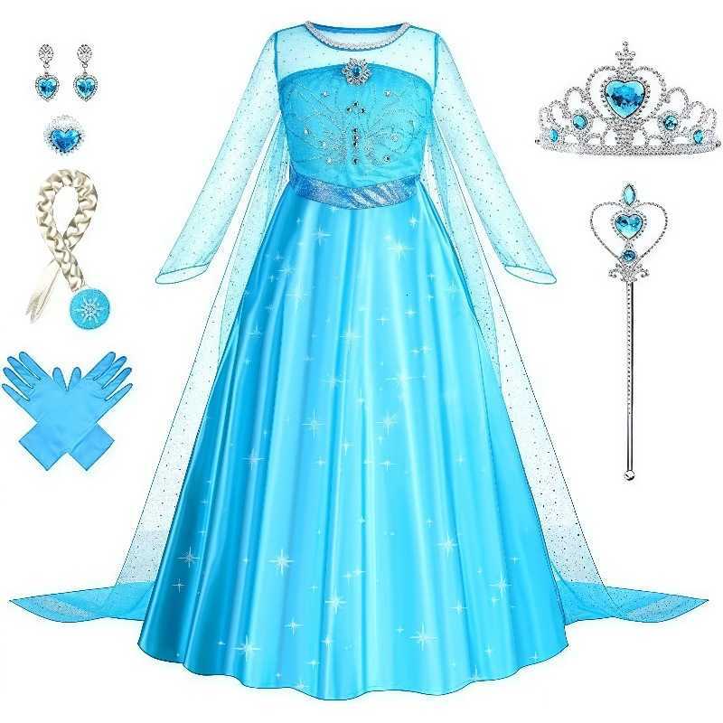 Disney Elsa princess dress with cape girls long-sleeved dress childrens performance gown Elsa long dress with crown set L260630