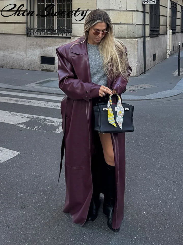 Street Pu Leather Women Long Coat Y2K Solid Belt Lapel Pocket Full Sleeve Female Jacket Autumn Winter Lady Outwear 260625CJ - view 4