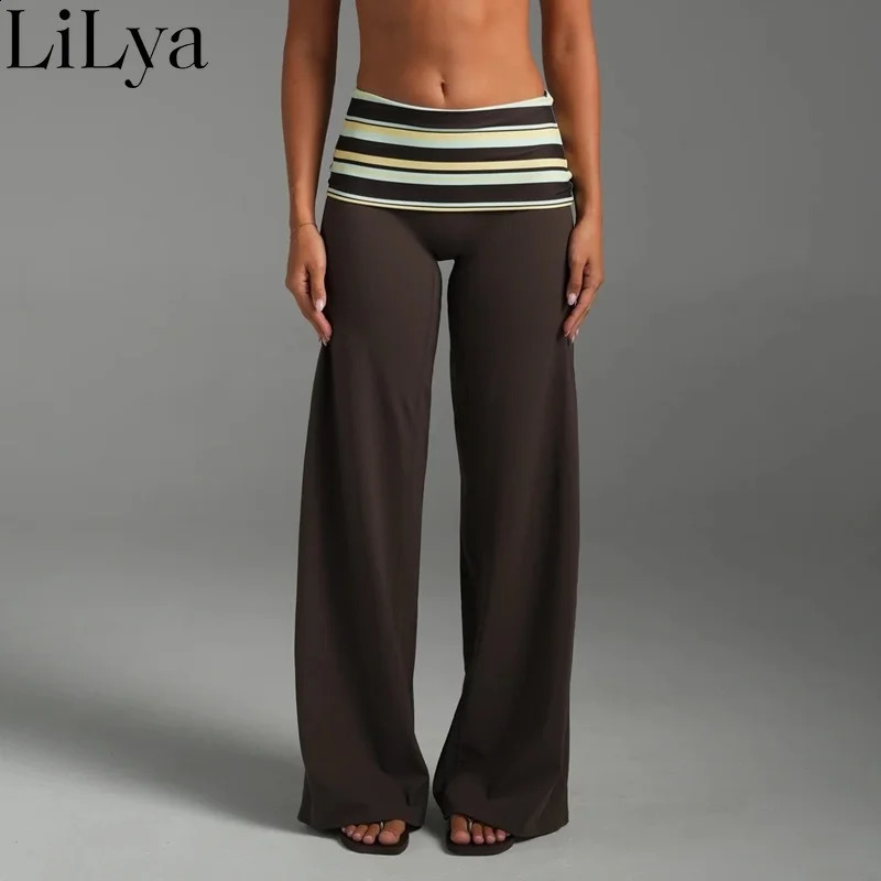 Women Striped Contrast Coor Patchwork Fold Over Waist Trousers Long Pants Elastic Low Rise Wide Leg Bottoms Sports Pants Woman 260629 - view 5