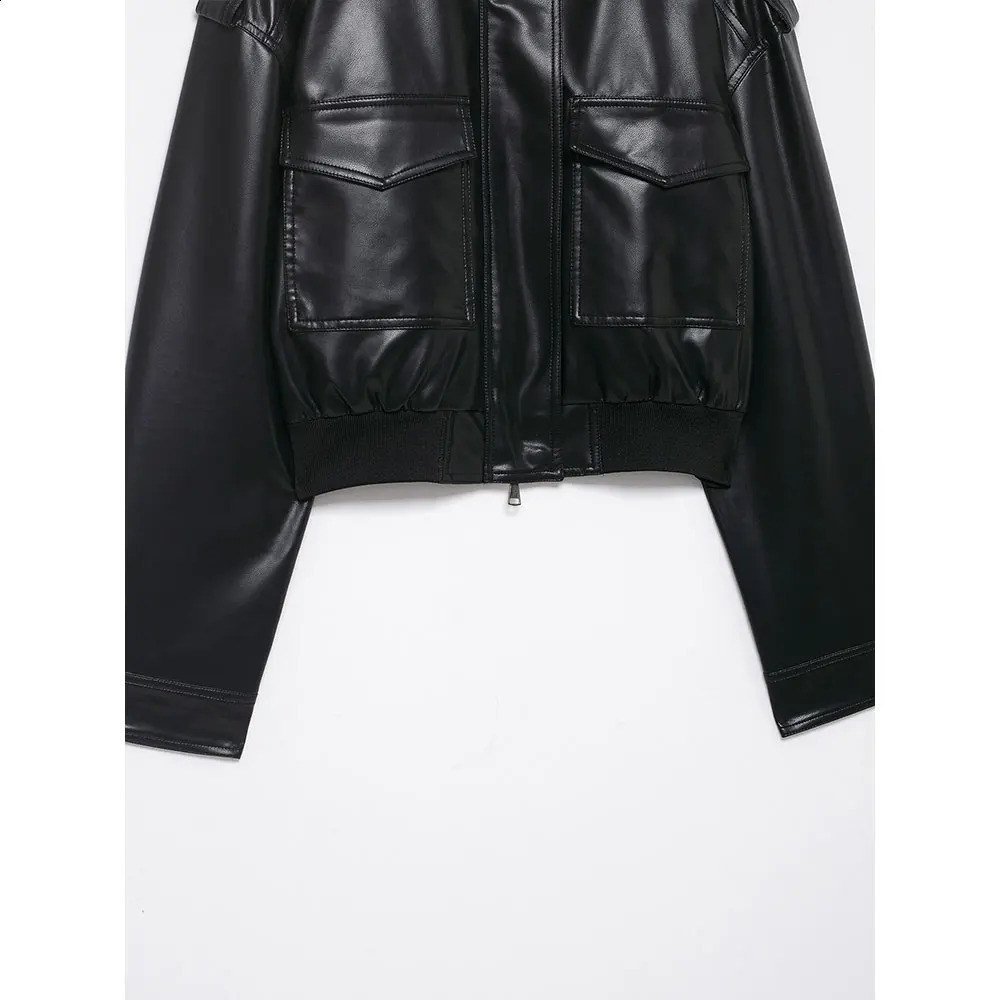DUOPERI Womens Fashion With Pockets PU Black Jackets High Street High Neck Long Sleeves Coats Female Elegant Chic Lady Outfits 260629 - view 7