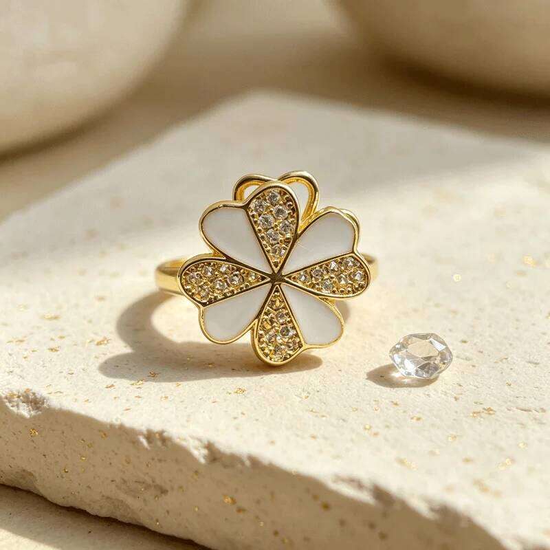 Luxury Gold-Tone Enamel Flower Spinning Adjustable Ring Women Elegant Bridal Stackable Fine Jewelry Gift For Her - view 5