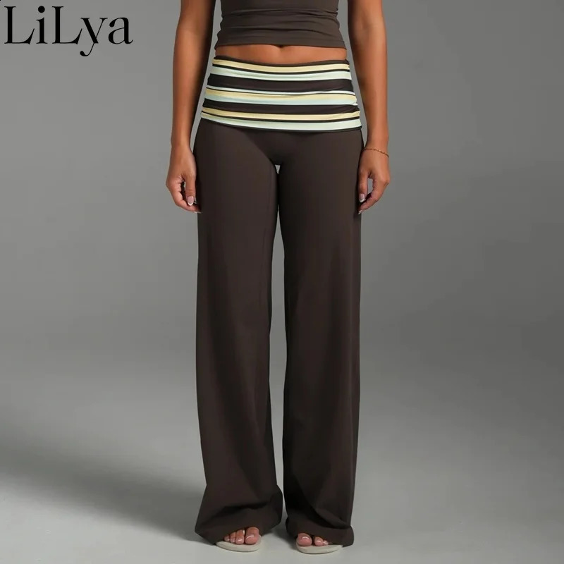 Women Striped Contrast Coor Patchwork Fold Over Waist Trousers Long Pants Elastic Low Rise Wide Leg Bottoms Sports Pants Woman 260629 - view 6