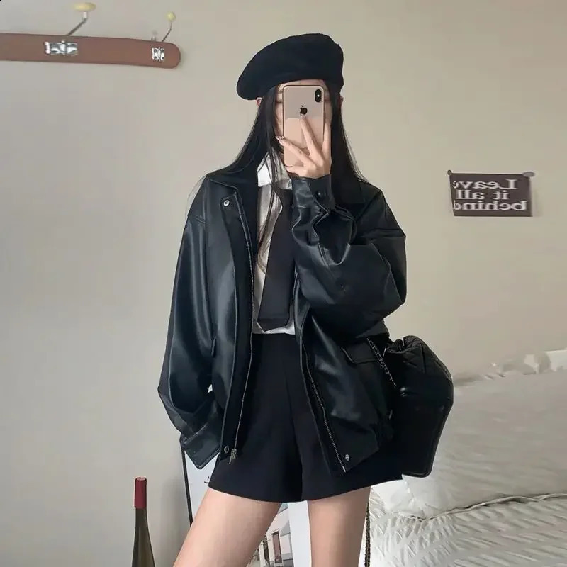 Brown Turndown Collar Zipper Leather Jacket Coat American Vintage Motorcycle Clothing Casual Y2k Loose Thickened Top 260625 - view 6