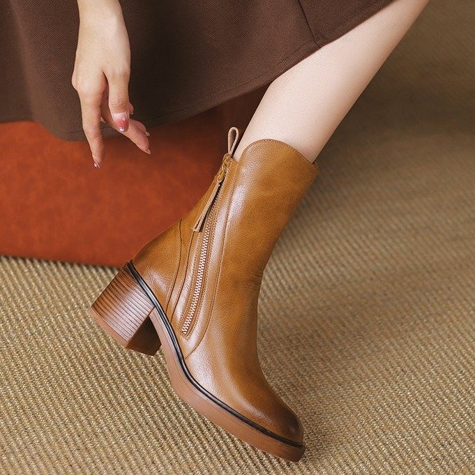 Side Zipper Tassel Ankle Boots For Women Soft Leather Block Stacked Heel Round Toe Short Chelsea Booties - view 3