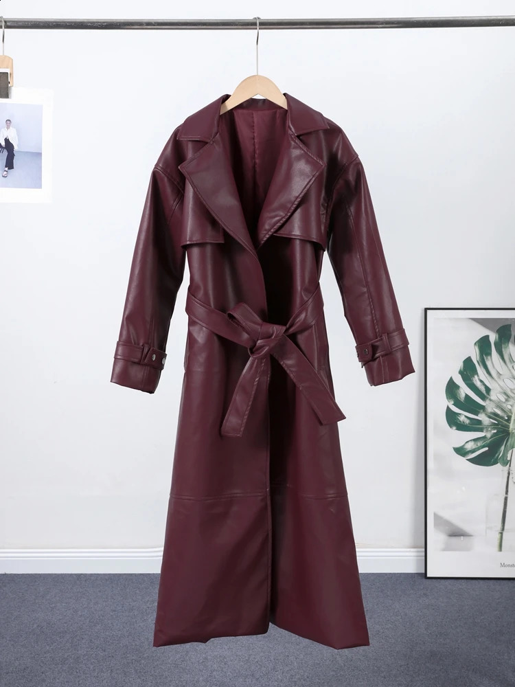 Street Pu Leather Women Long Coat Y2K Solid Belt Lapel Pocket Full Sleeve Female Jacket Autumn Winter Lady Outwear 260625CJ - view 7