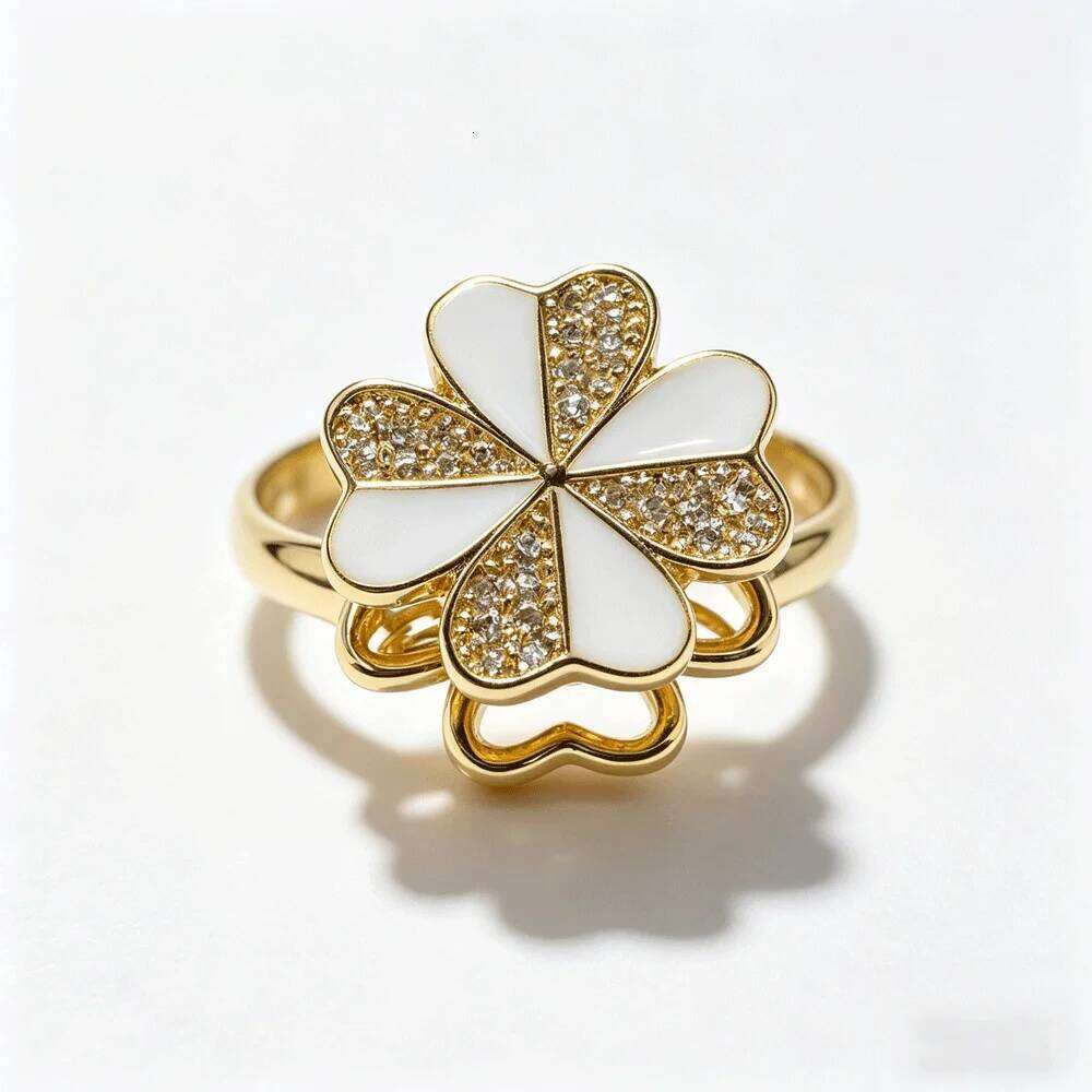 Luxury Gold-Tone Enamel Flower Spinning Adjustable Ring Women Elegant Bridal Stackable Fine Jewelry Gift For Her - view 7
