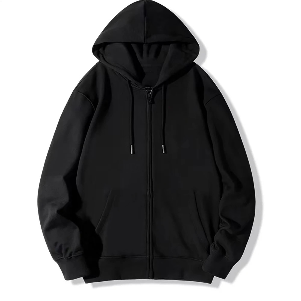 Black Zip Up Hoodie Unisex Casual Street Style Sweatshirt Basic Solid Color Hooded Top for All-Match Outfits 260625 - view 3