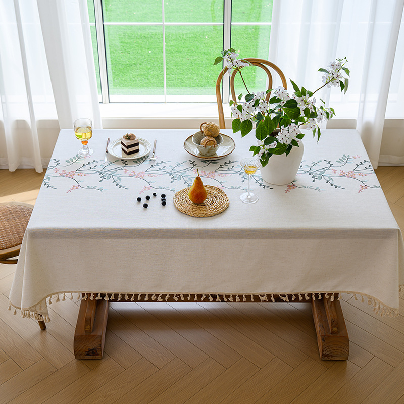 YL-38879 Custom French-style embroidered linen tablecloth with tassels suitable for living room or dining room. - view 4