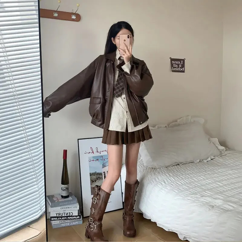 Brown Turndown Collar Zipper Leather Jacket Coat American Vintage Motorcycle Clothing Casual Y2k Loose Thickened Top 260625 - view 4