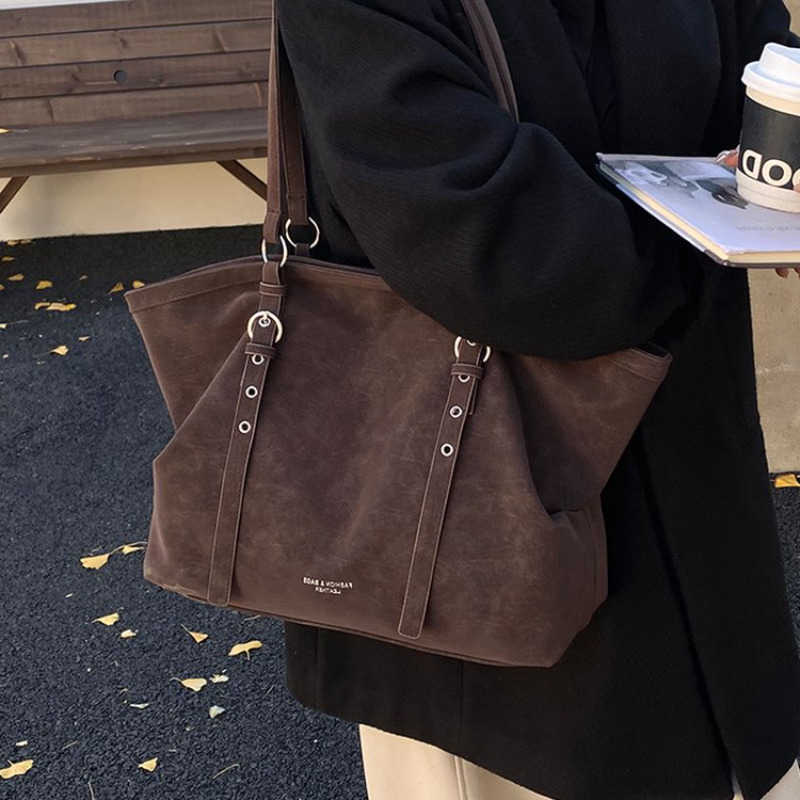Tote Vintage Suede Dark Brown Bag with Silver Hardware Belt Detail Large Capacity Shoulder Handbag for Daily Work Crossbody H260630