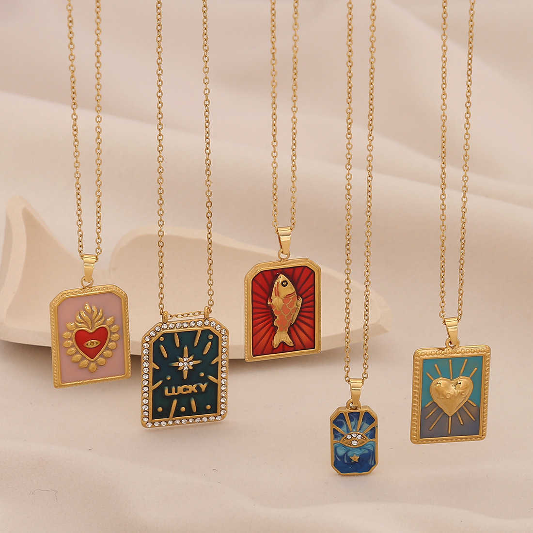 Retro Tarot Card Pendant Necklace - Heart-shaped Fish - Stainless Steel Earrings - European Jewelry X260630