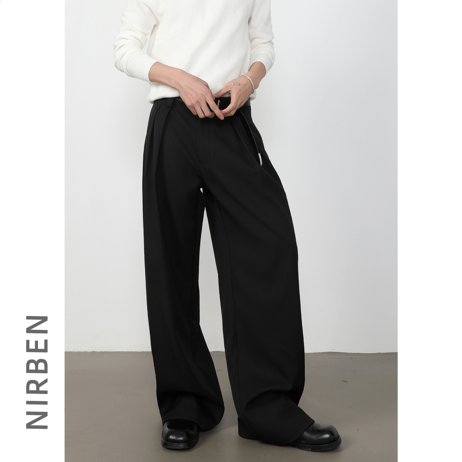 Spring Autumn Long Loose Casual Baggy Flowy Soft Black Pleated Wide Leg Pants Men Clothing 250220