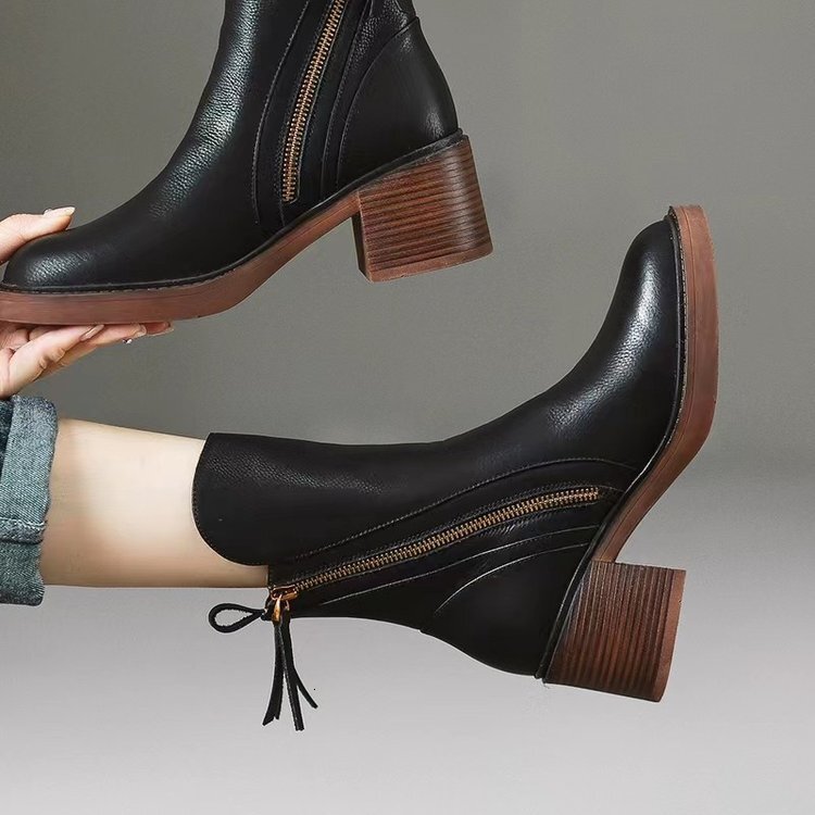 Side Zipper Tassel Ankle Boots For Women Soft Leather Block Stacked Heel Round Toe Short Chelsea Booties