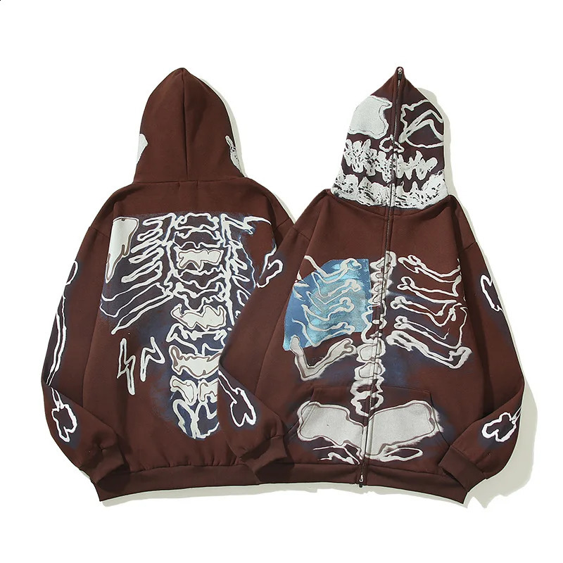 Winter Skeleton Print Fleece Brown Zip Up Hoodie Men Hip Hop Pullover Cotton Punk Zipper Hooded Sweatshirt Sudaderas Hombre 260625 - view 4