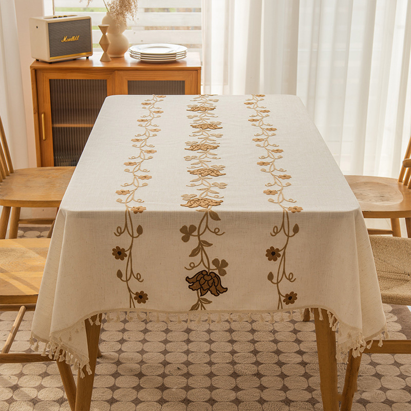 YL-38880 Custom French-style embroidered linen tablecloth with tassels suitable for living room or dining room. - view 6