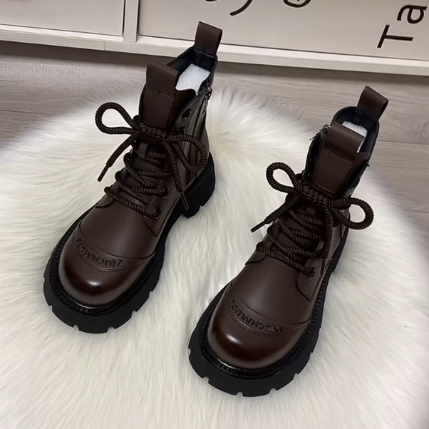 Black Smooth Leather Platform Combat Ankle Boots Side Zipper Lace Up Chunky Lug Sole Short Boots For Women - view 5