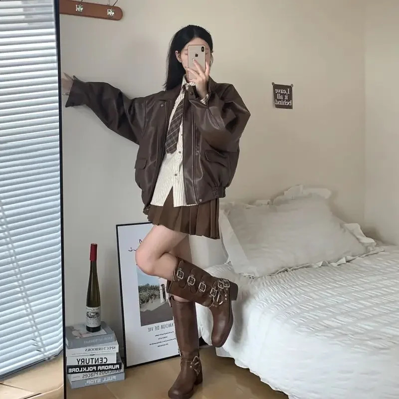 Brown Turndown Collar Zipper Leather Jacket Coat American Vintage Motorcycle Clothing Casual Y2k Loose Thickened Top 260625 - view 5