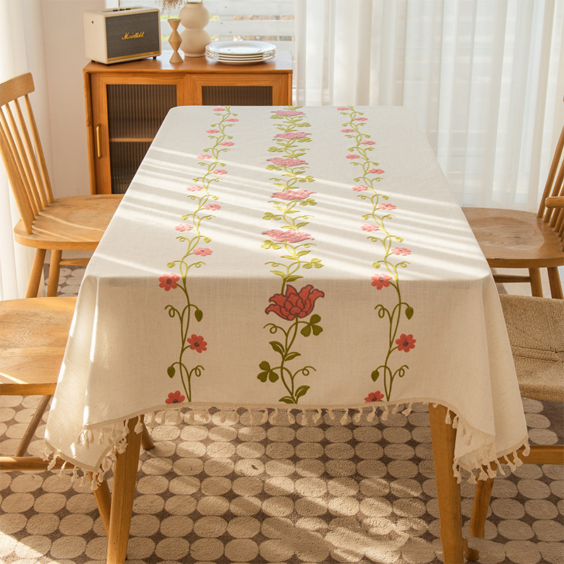 YL-38880 Custom French-style embroidered linen tablecloth with tassels suitable for living room or dining room. - view 5