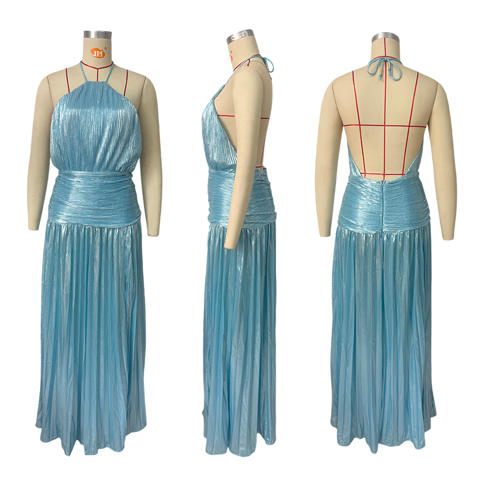 Casual Dresses Gold Halter Neck Evening Dress Woman Chic Solid Color Pleated Backless Package Hip Slit Fashion Trendy Lady Party Vestidos - view 4
