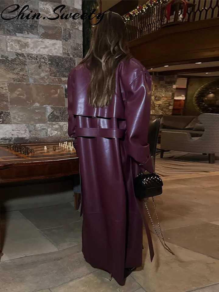 Street Pu Leather Women Long Coat Y2K Solid Belt Lapel Pocket Full Sleeve Female Jacket Autumn Winter Lady Outwear 260625CJ - view 3