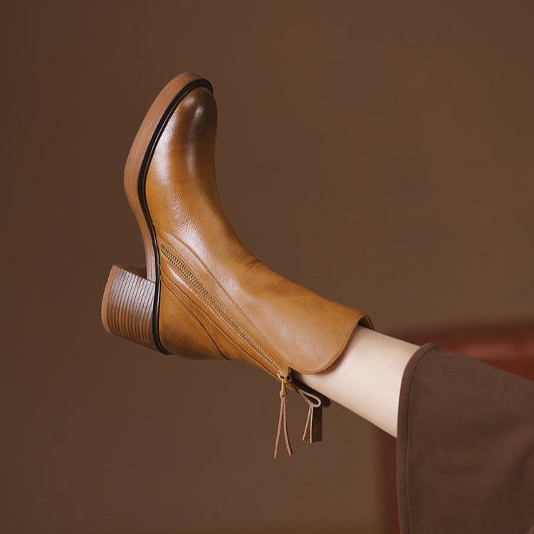 Side Zipper Tassel Ankle Boots For Women Soft Leather Block Stacked Heel Round Toe Short Chelsea Booties - view 5