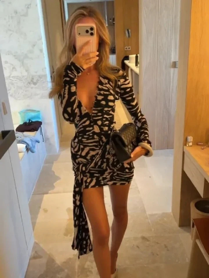 Sexy Black Print Wrap Mini Dress Women Long Sleeve Deep V Neck Button Tie Waist Trendy Bodycon Party Gown Chic Evening Clubwear 260629 - view 4