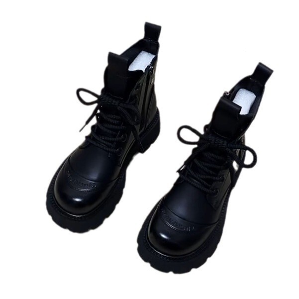 Black Smooth Leather Platform Combat Ankle Boots Side Zipper Lace Up Chunky Lug Sole Short Boots For Women - view 6