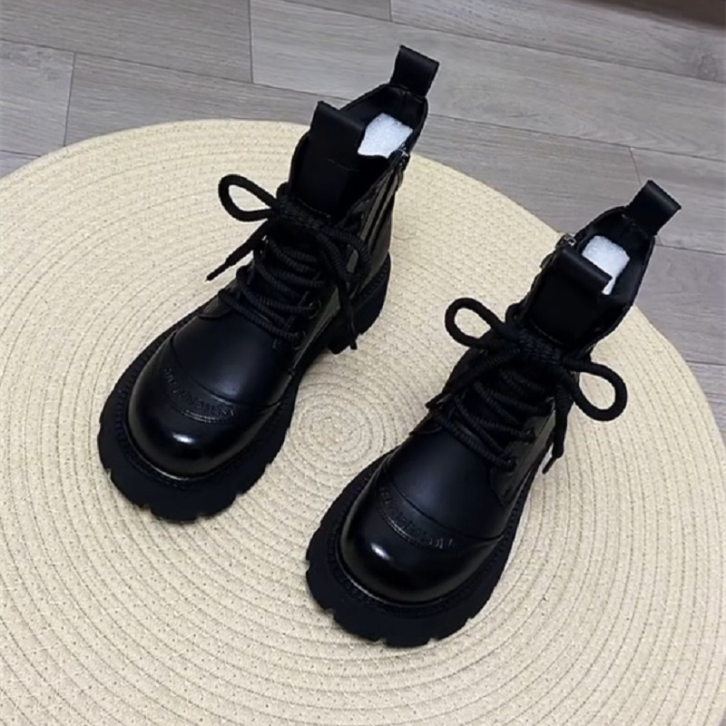 Black Smooth Leather Platform Combat Ankle Boots Side Zipper Lace Up Chunky Lug Sole Short Boots For Women - view 4