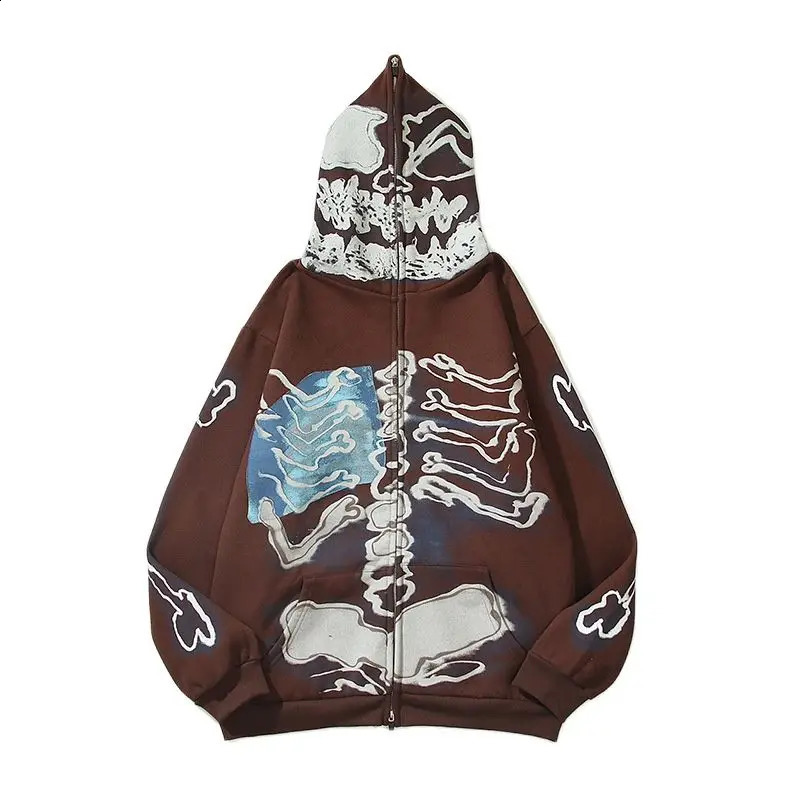 Winter Skeleton Print Fleece Brown Zip Up Hoodie Men Hip Hop Pullover Cotton Punk Zipper Hooded Sweatshirt Sudaderas Hombre 260625 - view 3