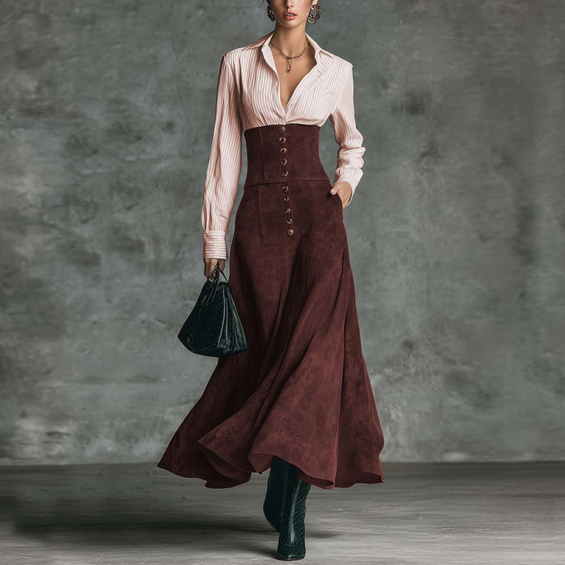2025 FallWinter Women's HighWaisted Slimming Elegant Shirt with ALine Skirt 260904