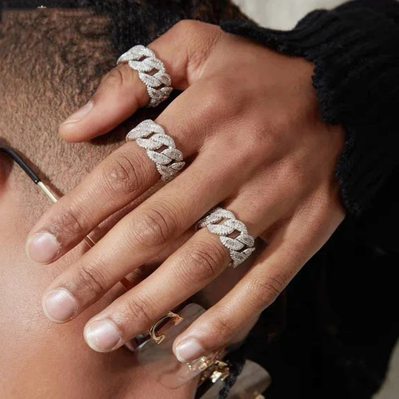Unisex Wide Cuban Chain Moissanite Band Ring, S925 Solid Silver Full Paved VVS Moissanite Hip Hop Bling Finger Jewelry, 2 Colors Available - view 4