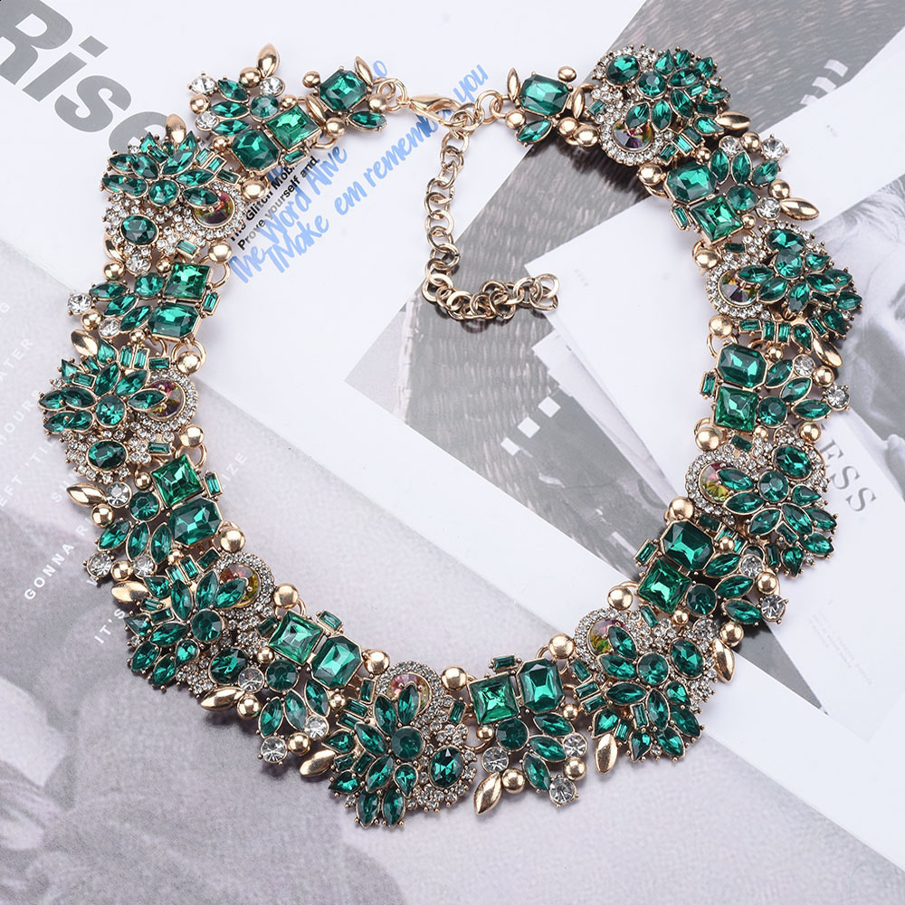 Chokers Green Crystal Rhinestone Large Collar Big Choker Necklace Women Statement Indian Necklace Jewelry 230921 - view 3