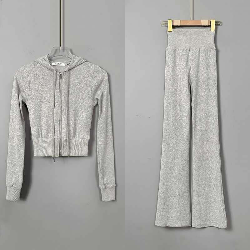 Slimming, sexy and flattering sportswear set, women's hooded zipper short coat + flared pants W261007 - view 7