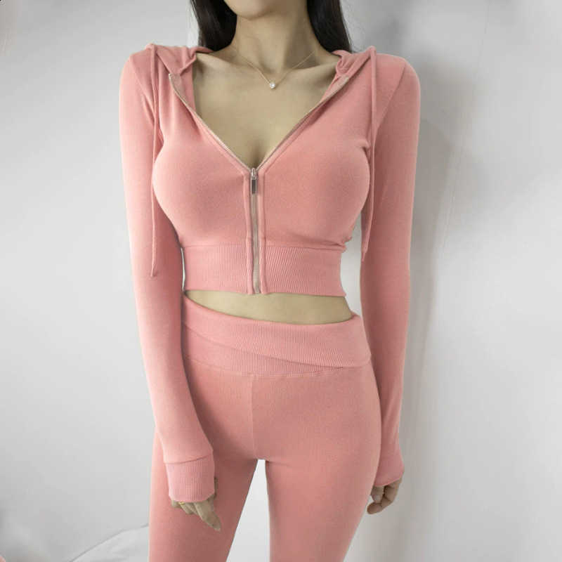 Slimming, sexy and flattering sportswear set, women's hooded zipper short coat + flared pants W261007 - view 3
