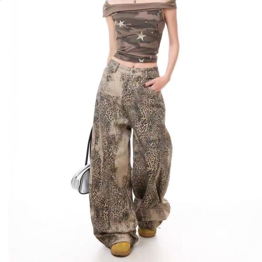Womens Jeans Spring Retro E Girl Jeans Color Block Embroidered Distressed Deer Polka Dot Print Wide Leg Floor Length Pants 260609 - view 4